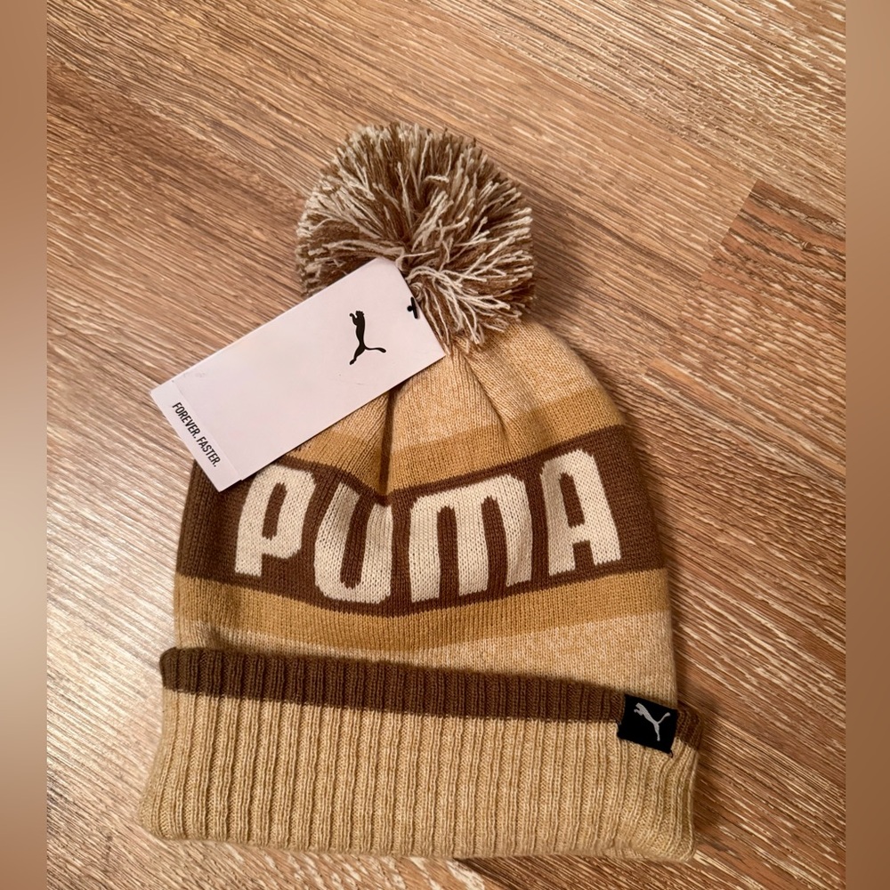 Puma Beige and Brown Knit Beanie with Pom